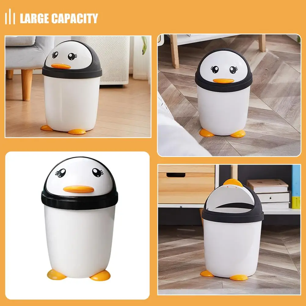 Cute Penguin Swing Lid Trash Can Plastic Wastebasket Bedroom Office Car Kitchen Desktop Organizer Storage for Children Room Use - Image 4