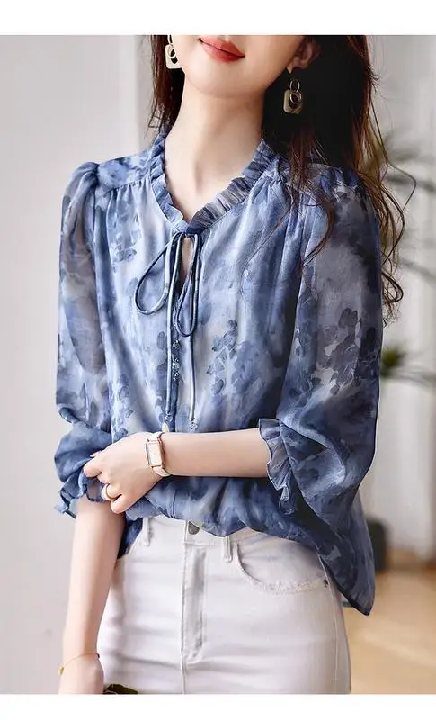 Chiffon Shirt 2023 Lente Nieuwe Elegante Vintage V-Hals Lange Mouwen Vetersluiting Losse Slanke Office Lady Basic Casual Print Top