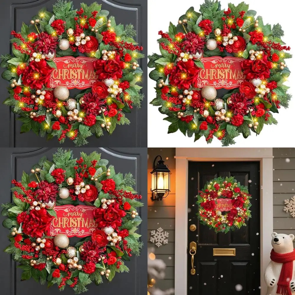 

24 Red & Gold Festive Wreath with Berries & LED Lights for Christmas Door Decor