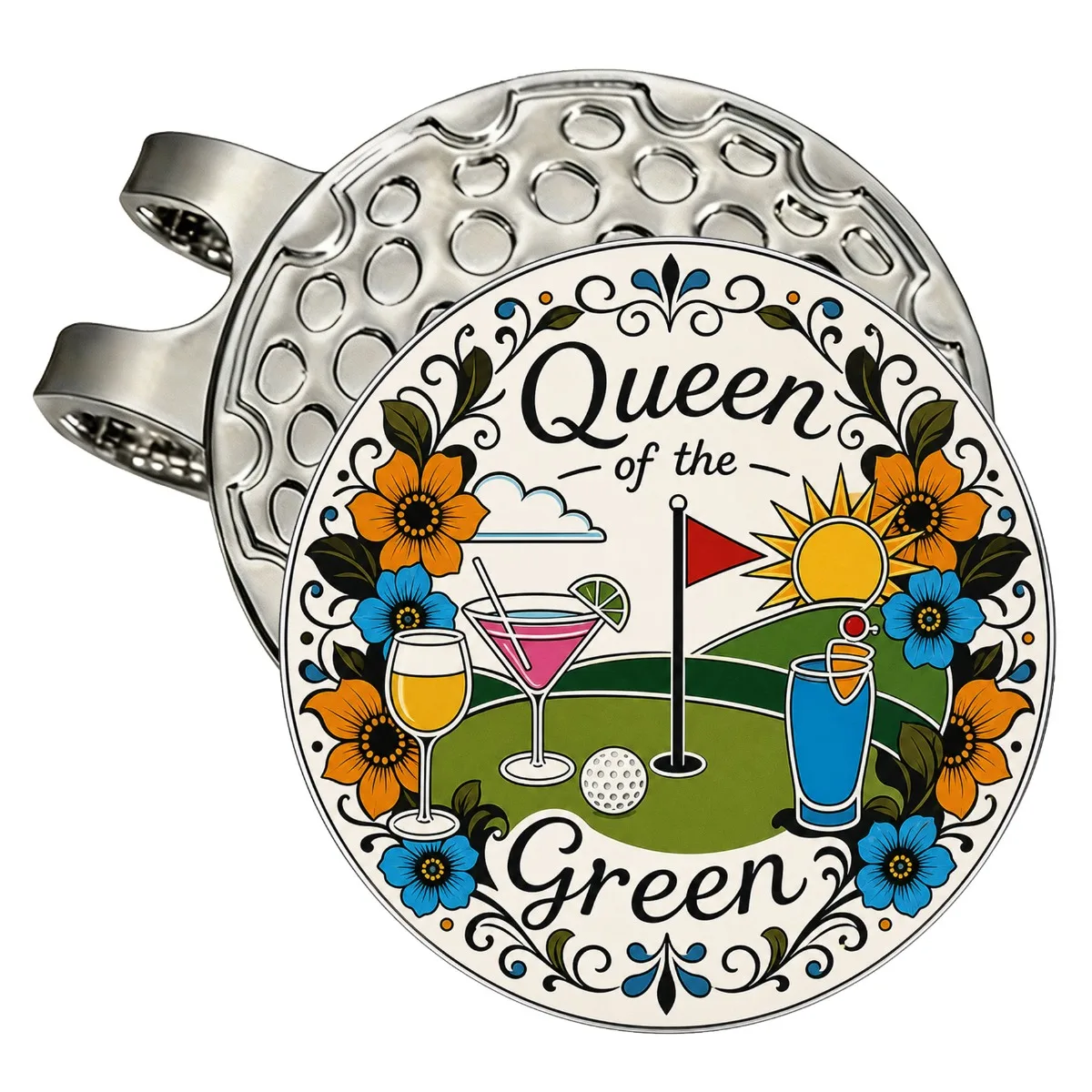 Green Queen golf marker with silver magnetic cap clip. Fun floral cocktail design for ladies. Durable metal gift.
