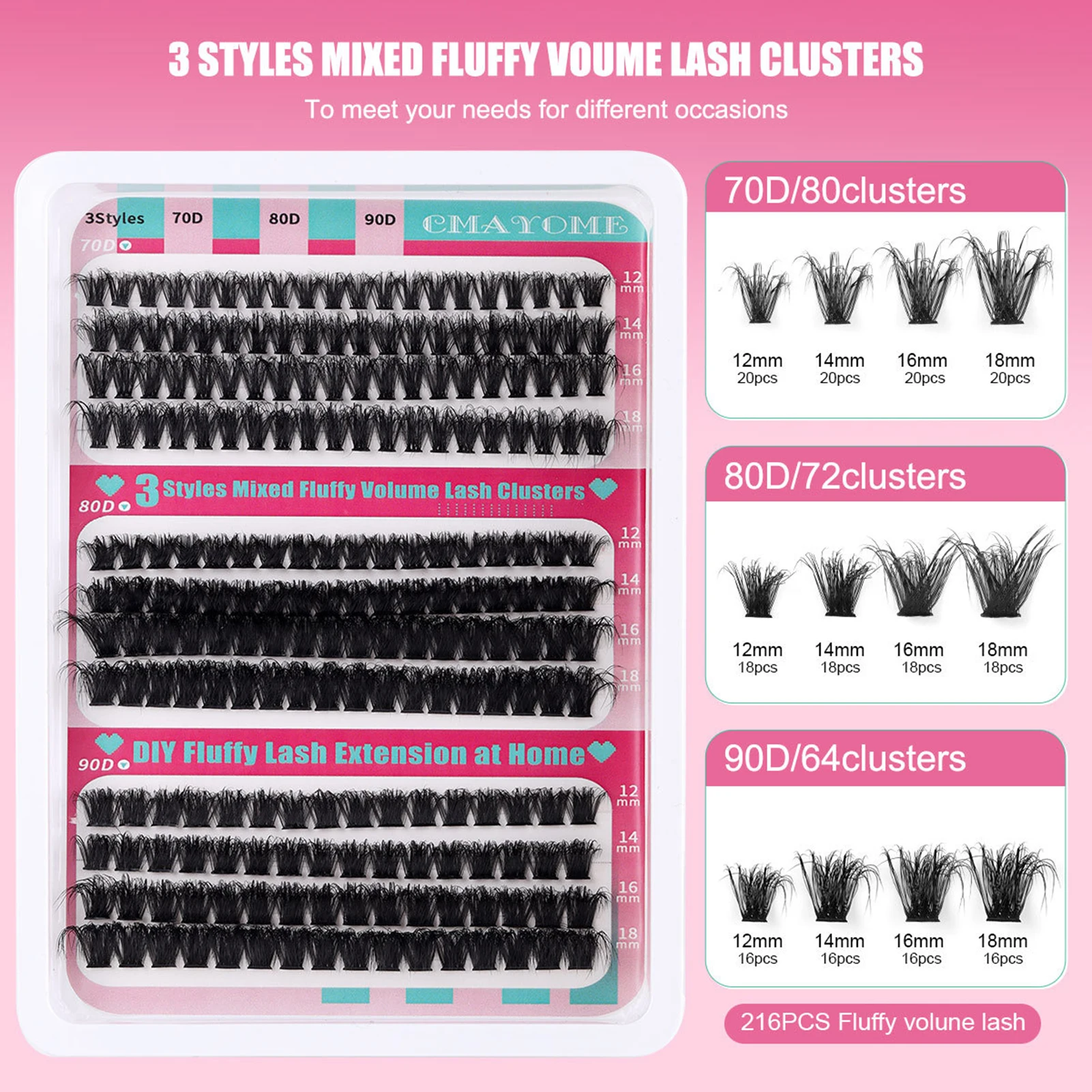 70D 80D 90D Clusters lashes Bond And Seal Glue Remover kit 216pcs Fluffy volume Eyelashes Extension 12-18mm natural long lash