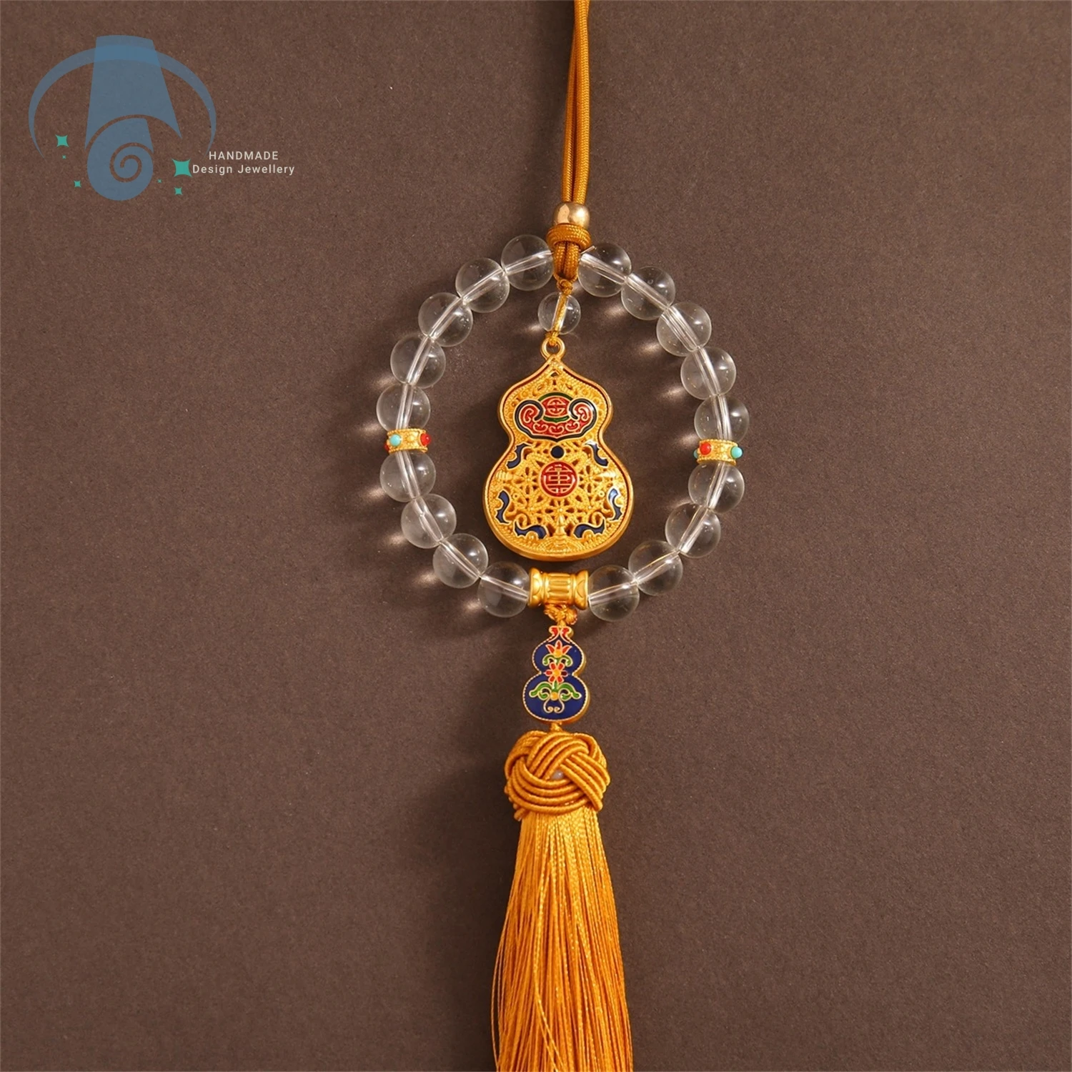 Crystal Circle Five Colorful Gourd Pendant Car Charm Rearview Mirror Hanging Ornament Compass Safe Driving Lucky Auspicious Deco