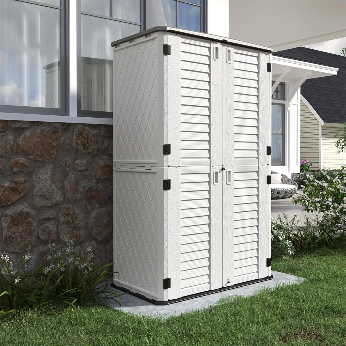 Outdoor Storage Cabinet Waterproof Resin Vertical Outdoor Storage Shed for Patio Furniture Garden Tools 52 Cu.ft Off White