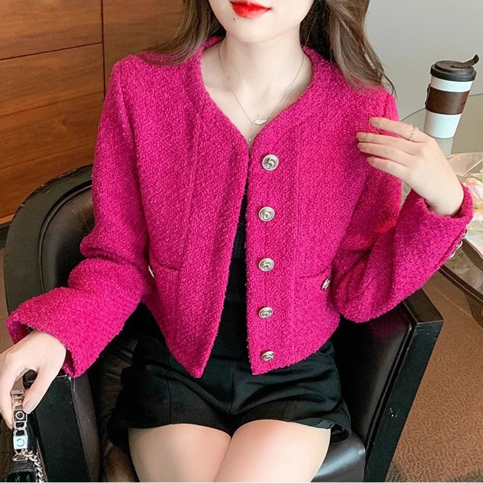 

High Quality Small Fragrant Tweed Blazer Jacket for Women Pink Short O-neck Casual Coats Spring Autumn New Elegant Trendy