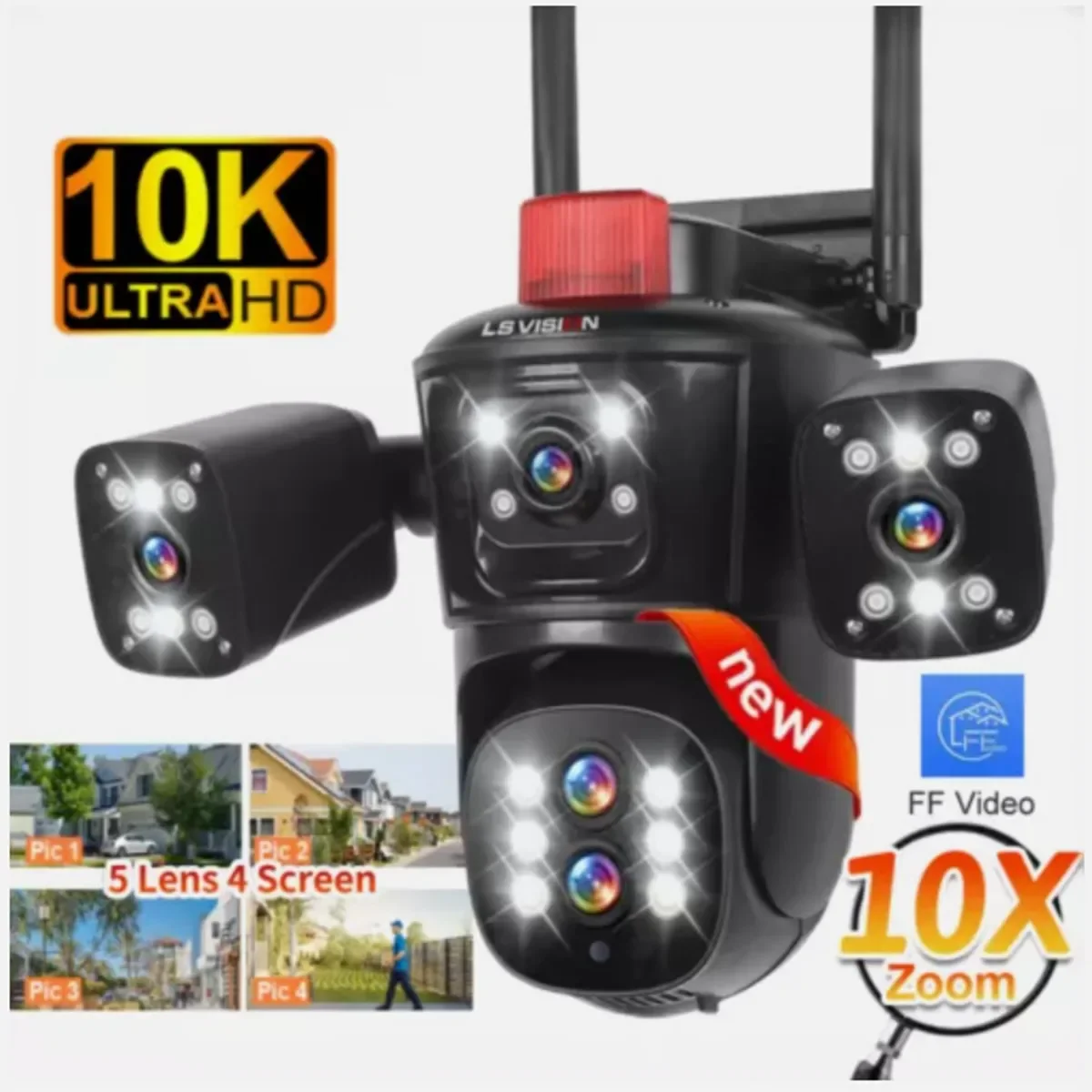 20MP WiFi IP Camera Network Camera Outdoor 10X Optical Zoom, Four Screens Five Lens PTZ Auto Tracking Waterproof CCTV Camera