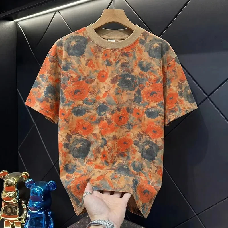 Men's Floral Print Short Sleeve T Shirt Casual Round Neck Cotton Blend Tee for Summer Daily Wear