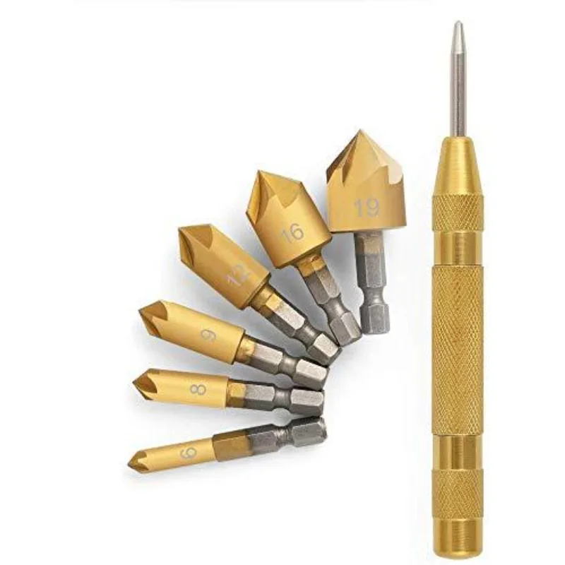6Pcs Woodworking Hole Saw Set, Titanium Coated Hex Shank 5 Flute Chamfer Cutter 6-19mm