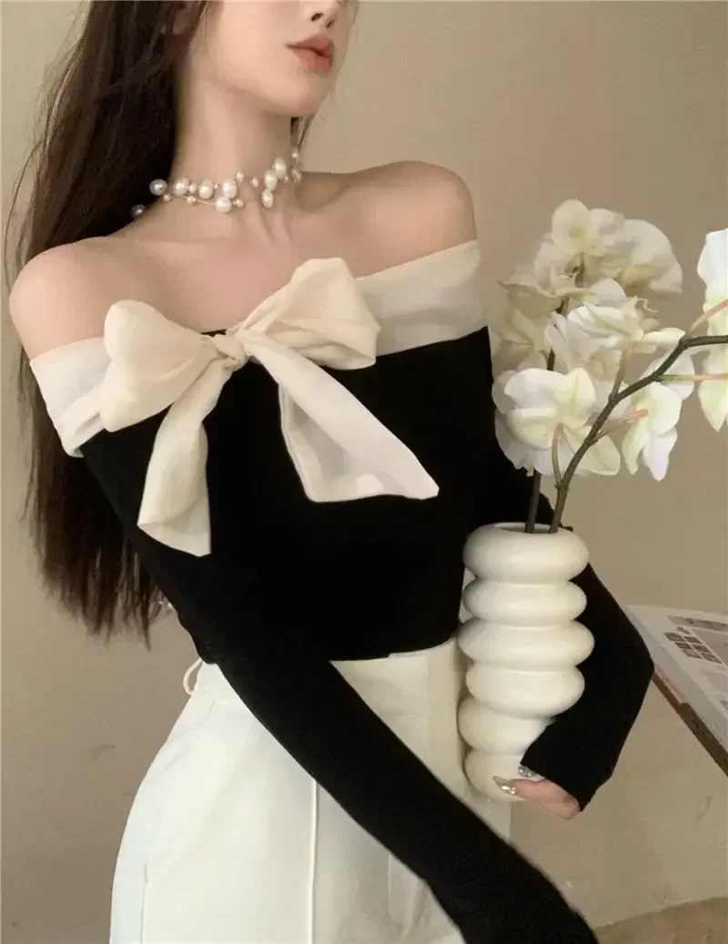 Off Shoulder Bow T-Shirt Women Sexy Exposed Clavicle Crop Top Spring and Autumn Korean Elegant Long Sleeve Bottom Shirts