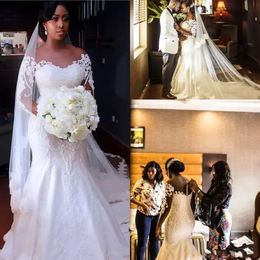 Maßgeschneiderte arabische Vintage-Brautkleider im Meerjungfrau-Stil mit langen Ärmeln, U-Ausschnitt, Spitzenapplikationen, Perlen, formelle Brautkleider in Übergröße