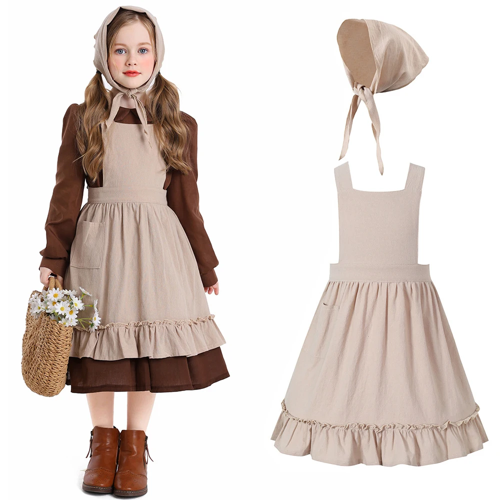

Colonial Prairie Costume Dress for Girl Kid Manor Maid Dress Victorian Maid Outfits with Apron Scarf