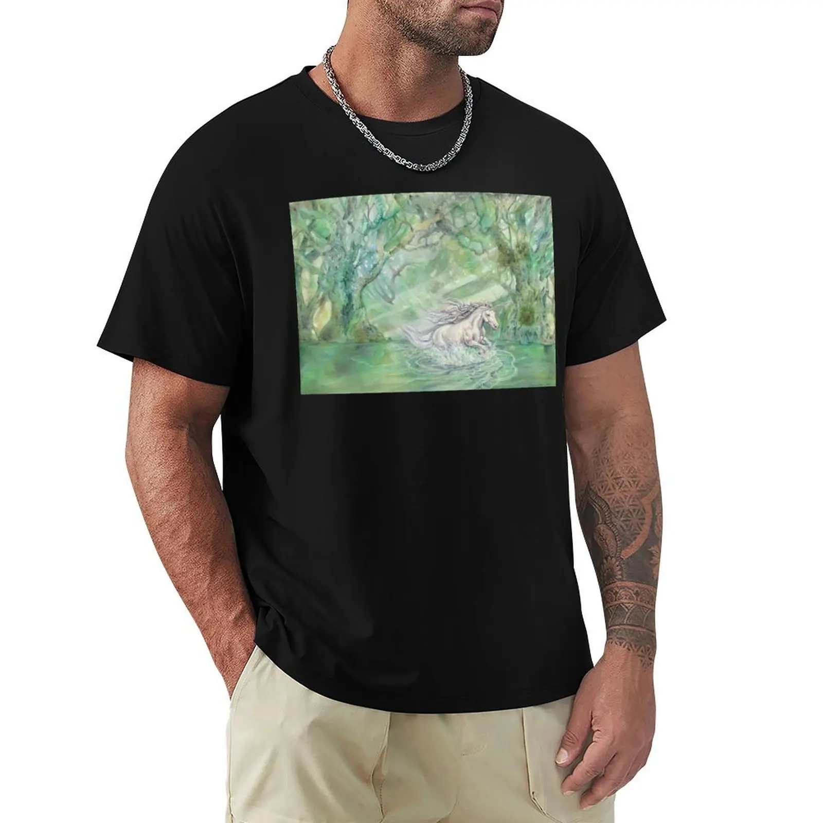 Whispers of Renewal – Mystical Unicorn in a Forest Scene T-Shirt Classic Print Short Sleeve Shirt