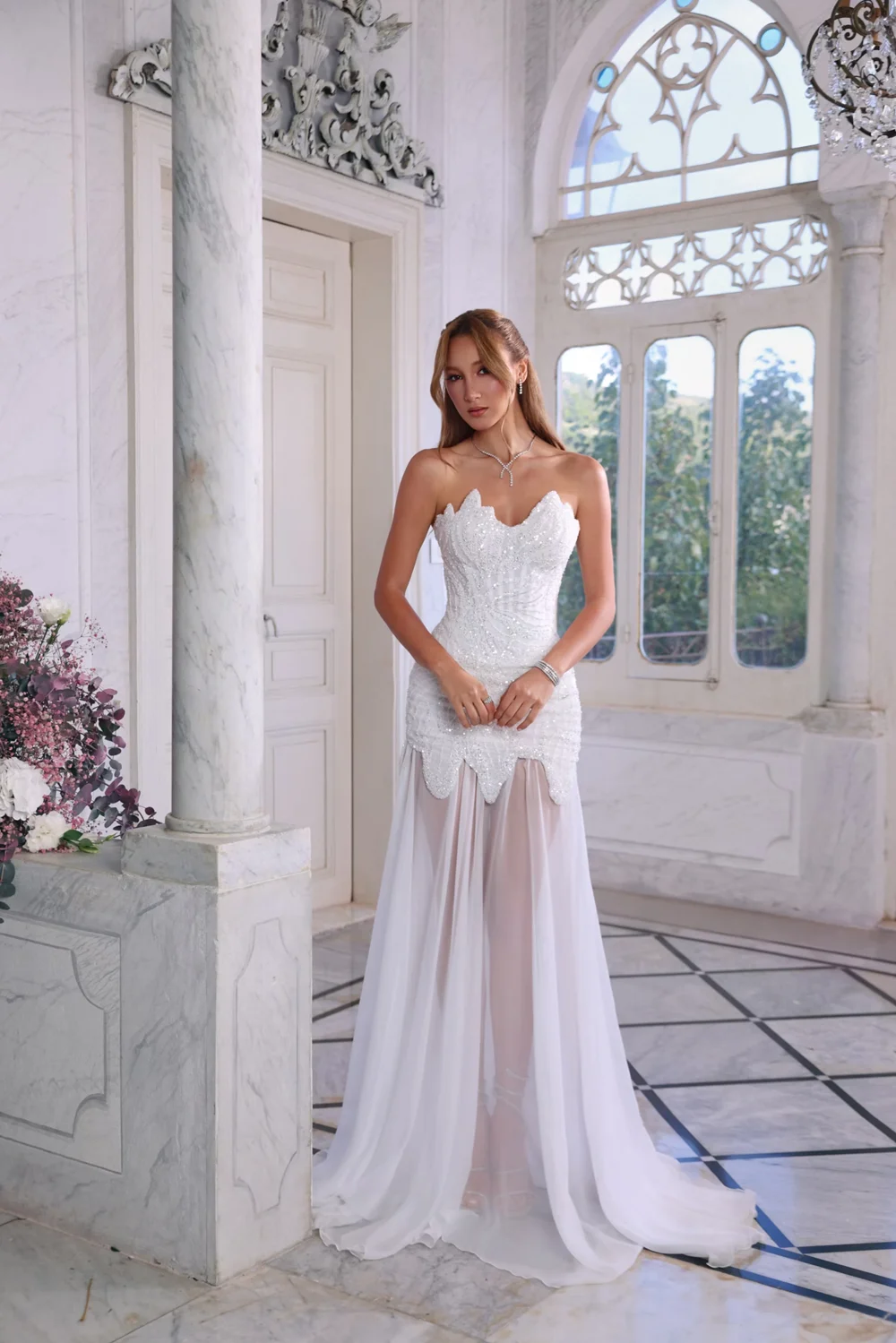 Aunber Mermaid White Evening Sweetheart Dresses Waist Corset Sheer with Chest Appliques Sequins Elegant Party Prom Dresses