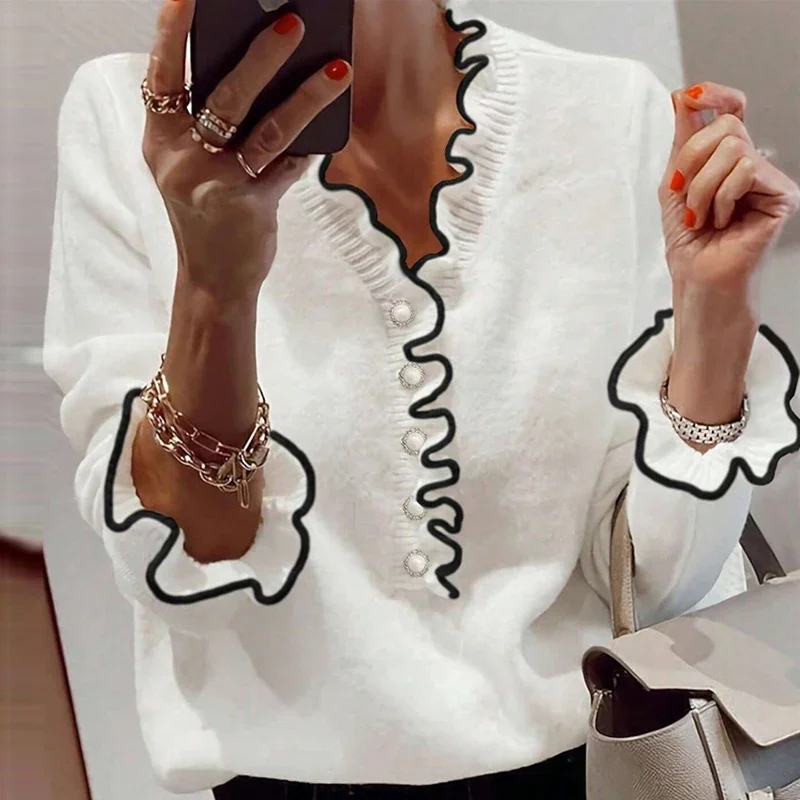 

2024 Fall Winter Color Contrasting Knitted Sweater Casual Ruffle Button Long Sleeve Sweater Elegant Lady V-neck Commuter Sweater