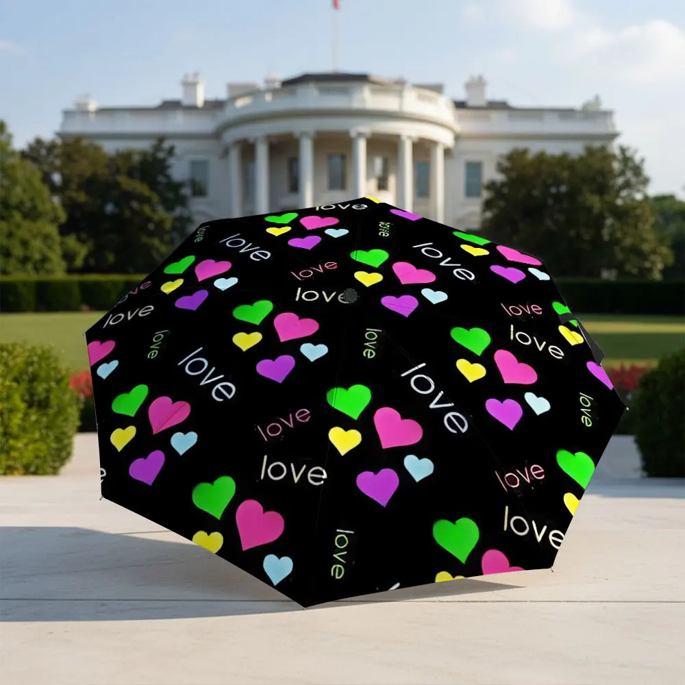 Colorful Heart and Love Text Print Umbrella Compact Fashion Folding Umbrella for Daily Use, Christmas Gift