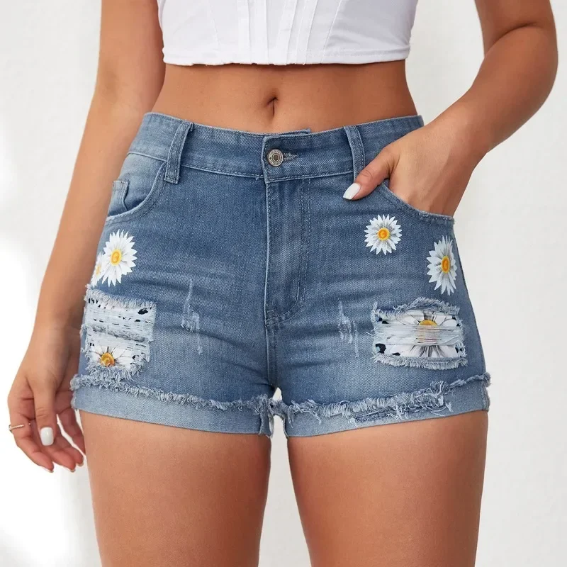 

Floral Prints Denim Shorts Women Summer Short Jeans Y2k Streetwear Slim Fit Sexy Tasseled Hole Shorts Mujer New Chic