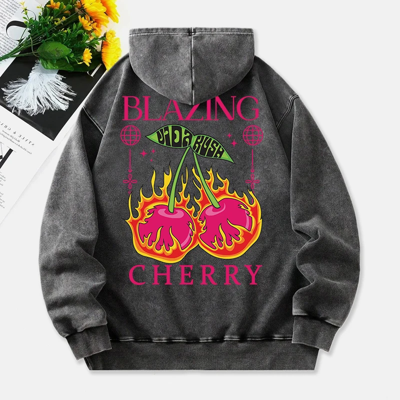 Blazing Cherry Washed Hoodies Women Vintage Prints Cotton Pullovers Distressed Pocket Oversize Hooded Fashion Womans Clothes