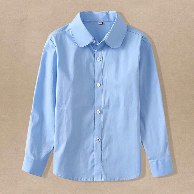 Kids Blue Shirts for Girls School Uniform Blouses for Boy Long Sleeve Preppy Style Cotton Children Clothes Vestidos 6 8 10 14 Y