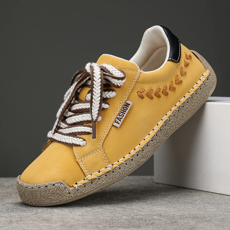 Spring Autumn Mens Retro Board Shoes Thick Braided Lace Non Slip Rubber Sole