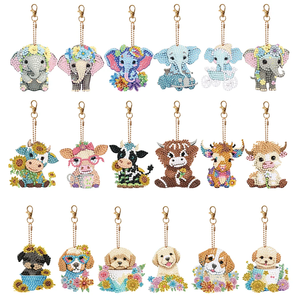 6PCS Diamond Painting Art Keychain Pendant Special Shape Double Sided Baby Elephant Calf Puppy for Adult Kid Purse Handbag Decor