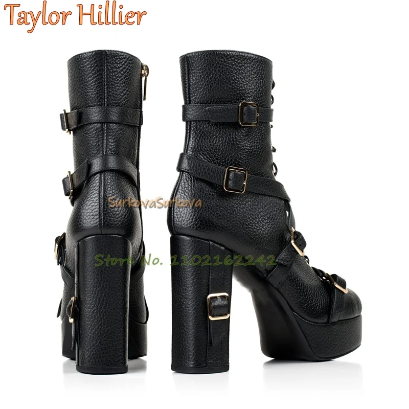 

Black Genuine Leather Ankle Boots With Thick Heels Buckle Strap Platform Side Zipper High Heel Women'S Winter Formal Boots 46