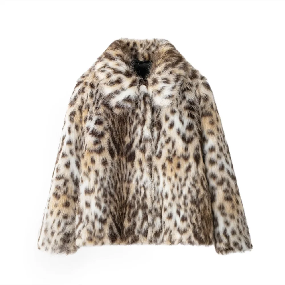 ZA2024 autumn new women\'s clothing style slim fit  thick and warm animal print lapel short faux fur effect jacket