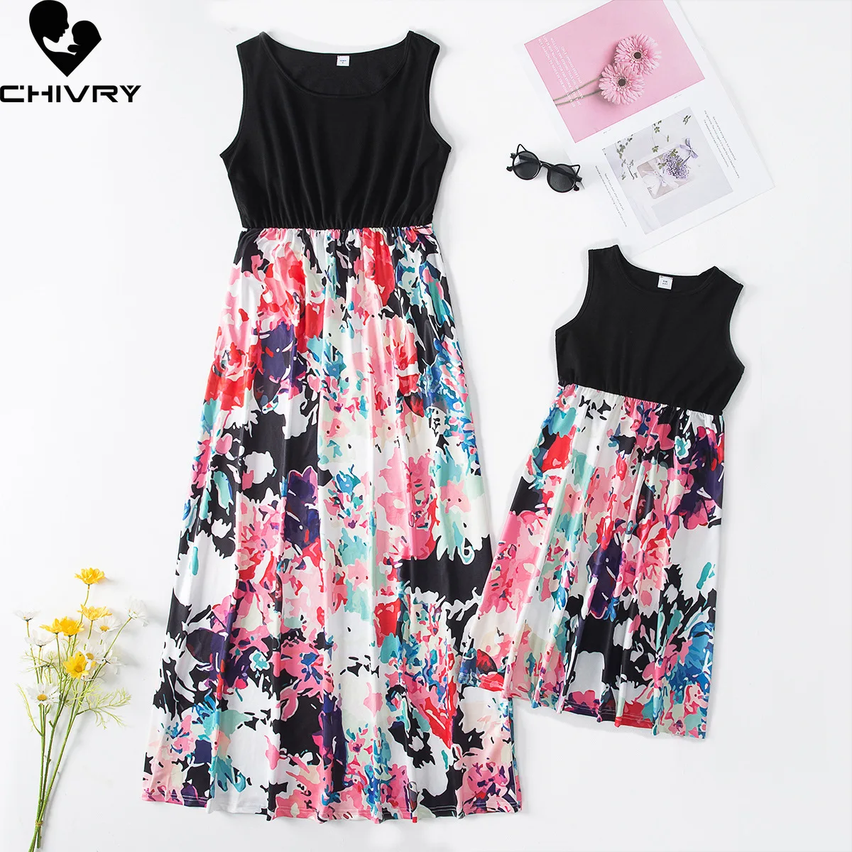 

New Mother Daughter Summer Dresses Fashion Sleeveless Flower Patchwork Sundress Mom Mommy and Me Dress Family Matching Outfits