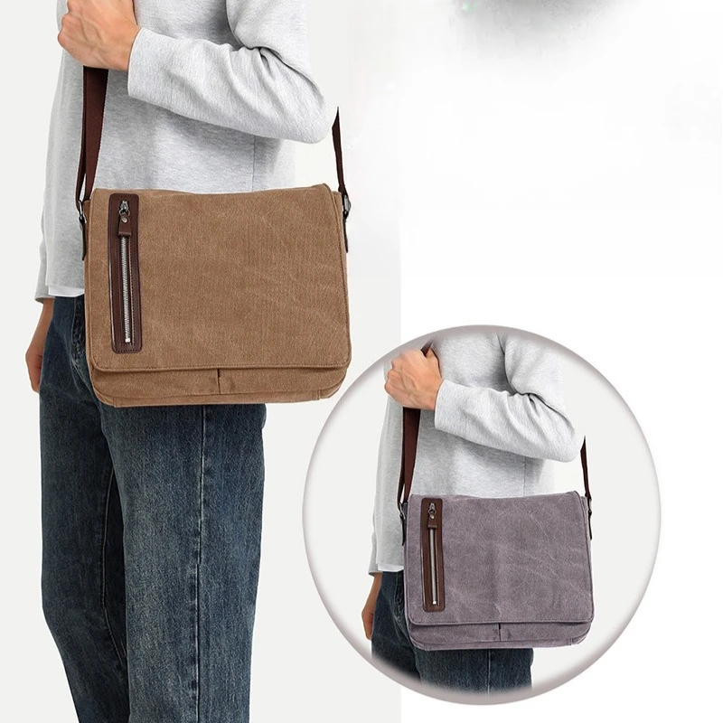 

Холщовая износостойкая мужская сумка на одно плечо, магнитная сумка через плечо в стиле ретро большой вместимости 14 дюймов с откидной крышкой для хранения компьютера