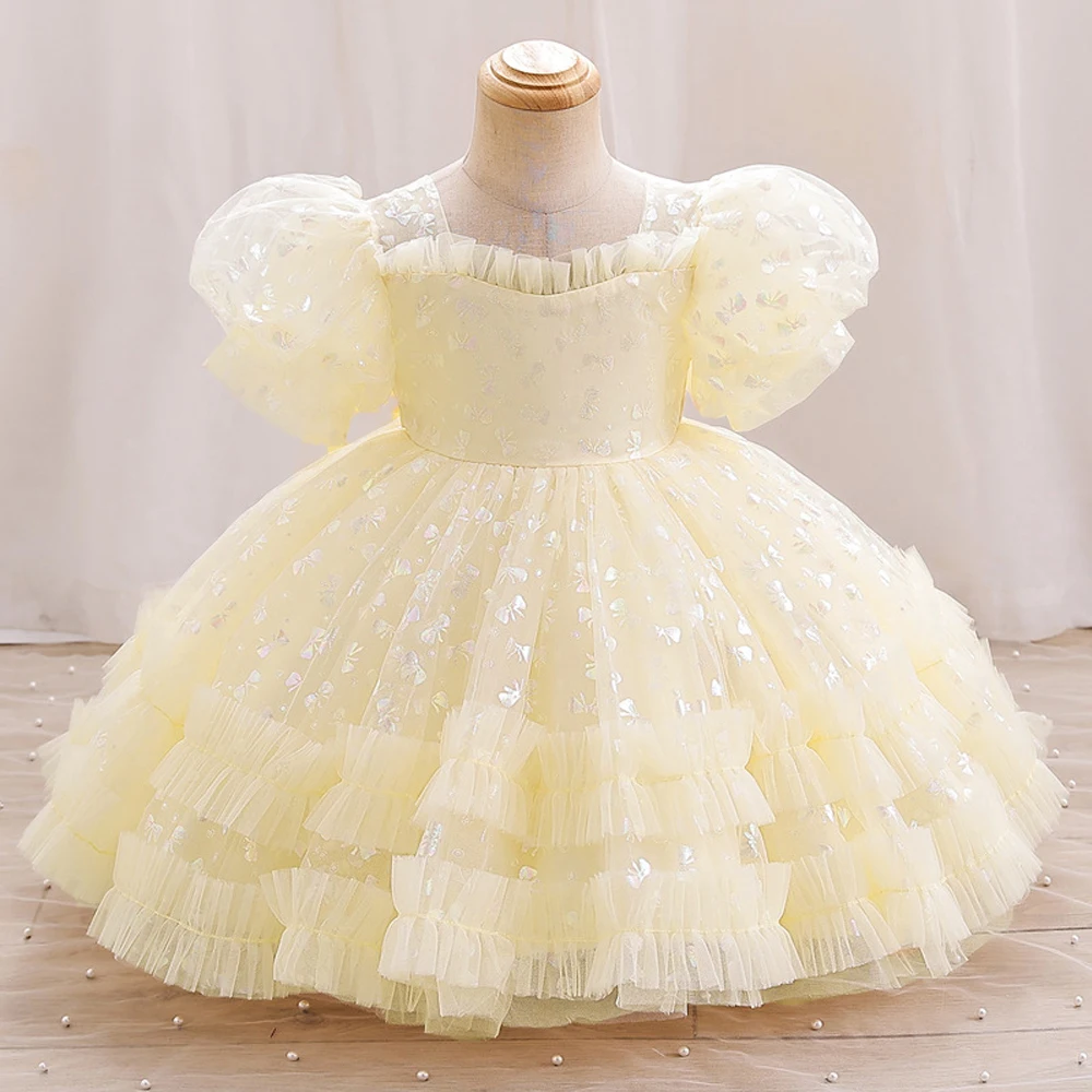 Fluffy Butterfly Sequins Baby Girl Dress Mesh Prom Kids Clothing Toddler 1st Birthday Baptism Gown Flower Bridesmaid Party Dress