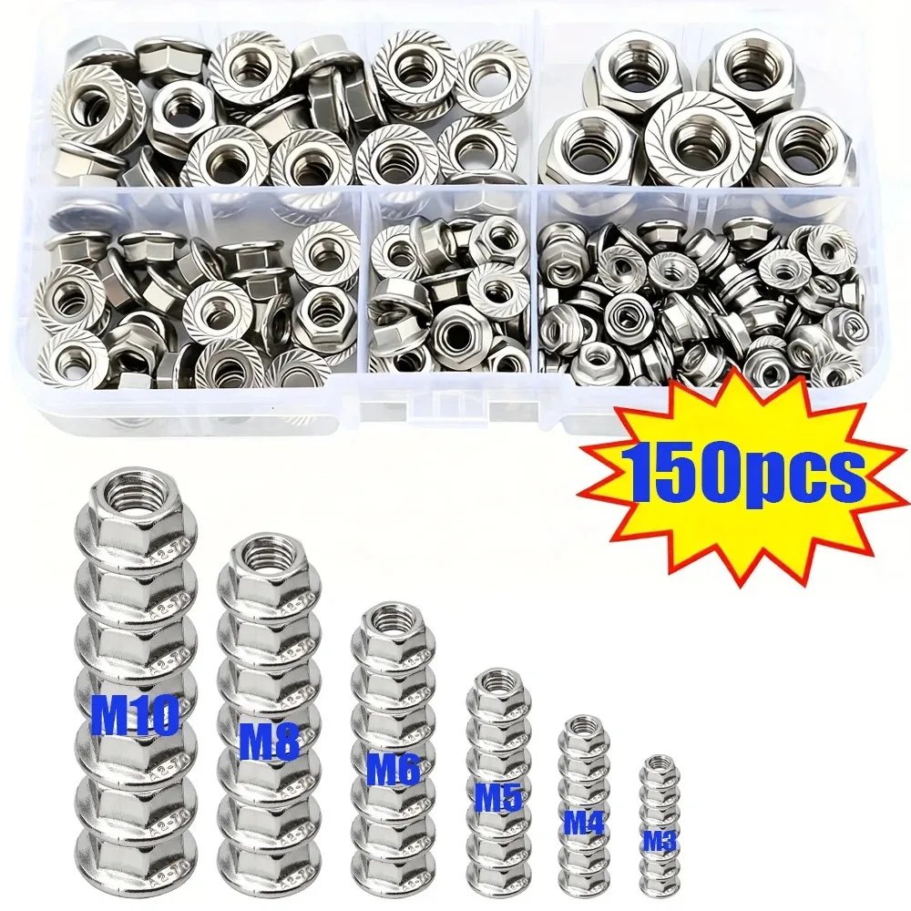 150-Piece Set of M3-M10 Stainless Steel Hex Flange Nuts, Machine Parts, Home Repair, Outdoor Construction