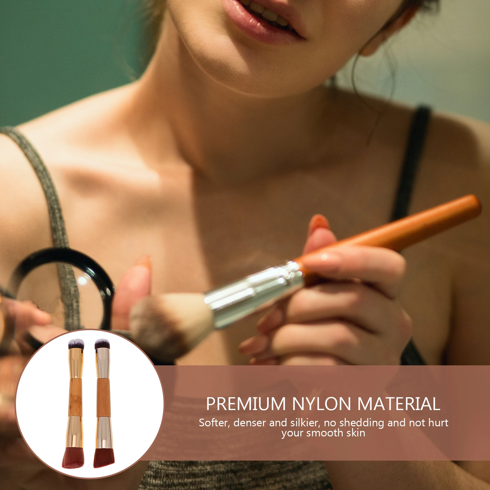 

DoubleEndedBlushBrush GoldenBambooHandle PremiumNylonBristles SoftDenserSilkier MultipurposeFoundationPowderCosmetics WomenGirls