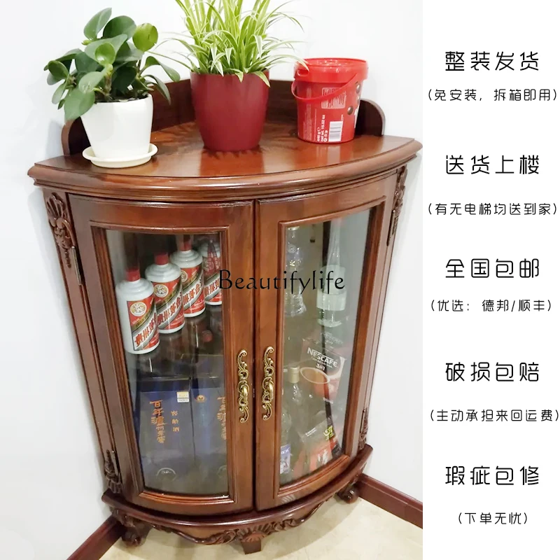 American-Style Solid Wood Triangle Storage Rack Corner Cabinet Glass Door Living Room Storage Corner Cabinet