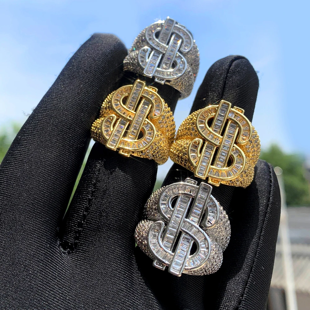 2025 Yüksek Kaliteli Hip Hop Buzlu Out Lüks ABD Doları Para Burcu Yüzükler Tam Kübik Zirkon Bling 5A CZ Kaplamalı Rapçi Takı erkekler için