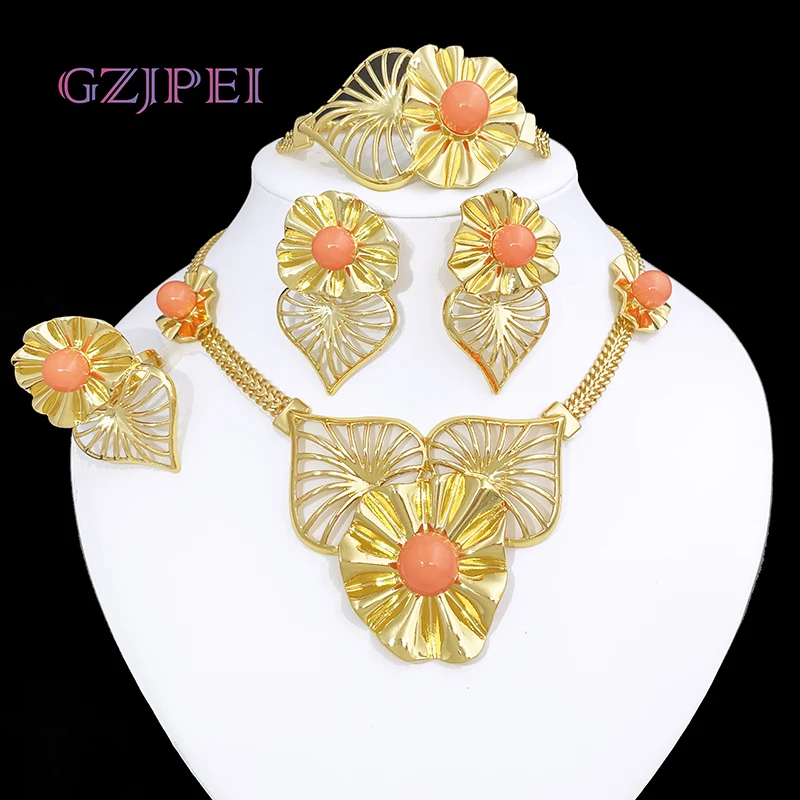 

Fashion Women Jewelry Set Gold Plated Necklace Coral Color Imitation Pearl Bracelet Earrings Ring Full Set Jewelry Good Quality