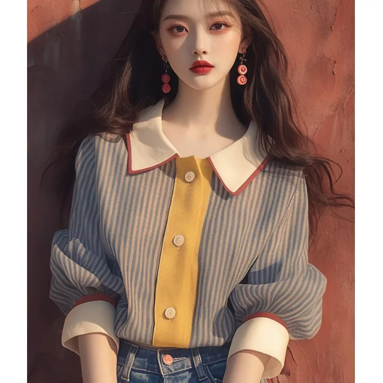 

Early Spring 2025 New Sle Beautiful Patchwork Striped Loose Slimming Korean Systematized irt Sweet Sle Long Sve Doll...