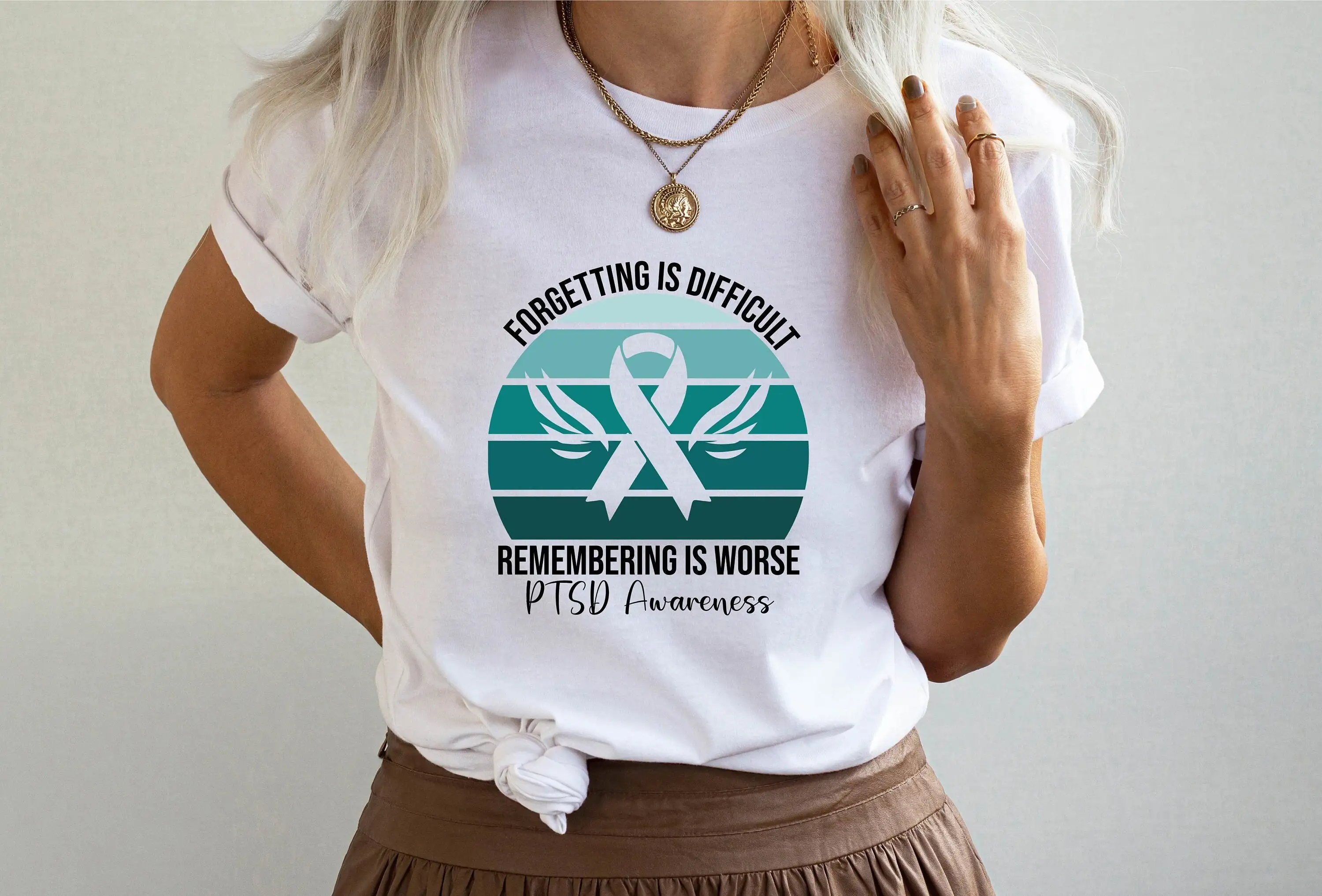 Forgetting Is Difficult Remembering Worse PTSD Awareness T Shirt In June We Wear Teal For Post Traumatic Stress Disorder