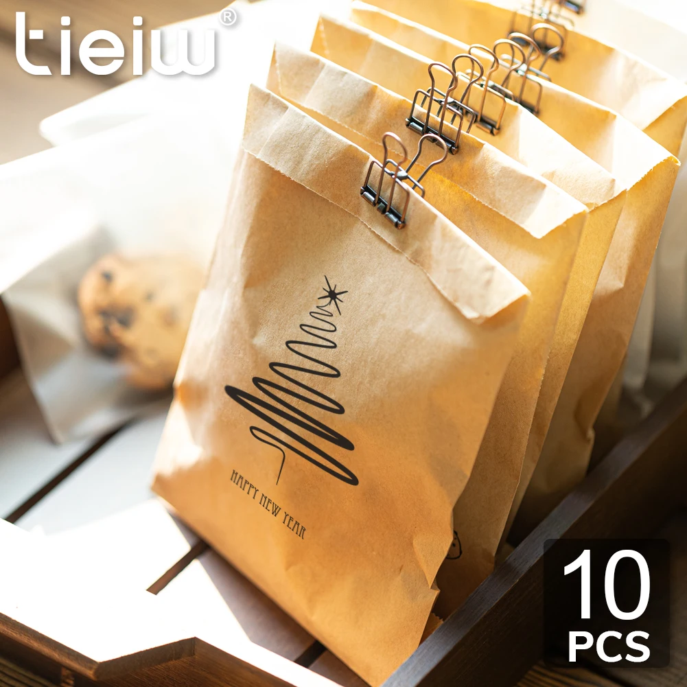 10Pcs Christmas Tree Small Treat Favor Bags Kraft Paper Festive Gift Sacks Christmas Goody Bags For Child And Friends