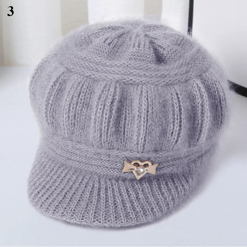 Women Rabbit Fur Winter Hats Thicker Short Brim Knitted Cap Girls Autumn Winter Metal Embellish Solid Hat Warm Wool Cap Gorras