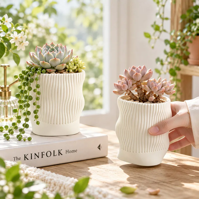 Resin Irregular Curved Succulent Pot, White Wave Striped Mini Planter for Desktop Balcony Indoor Small Plant Home Decor Gift