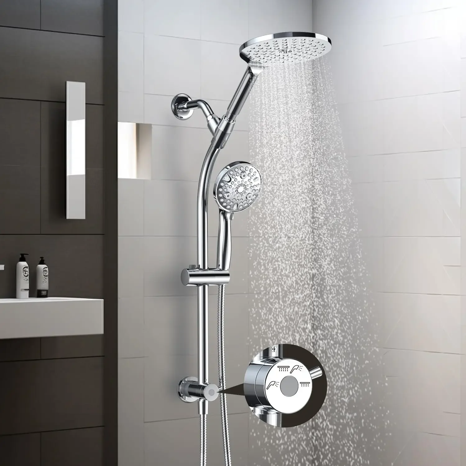 

Hot sell.7.5" Rotatable Shower Head with Handheld Combo, Kids Friendly Low 3-Way Diverter, Adjustable Slide Bar for Whole Family
