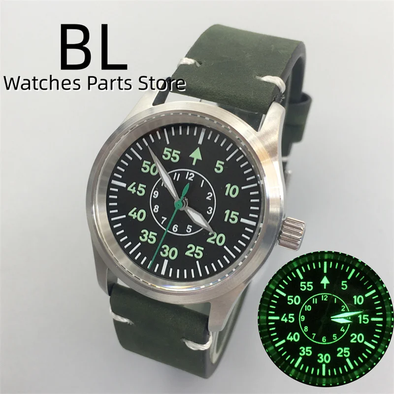 BLIGER 36mm/39mm NH35 Automatic Dive Pilot Men\'s Watch Micro Domed Sapphire Glass Green Luminous Dial Leather Strap Screw Crown