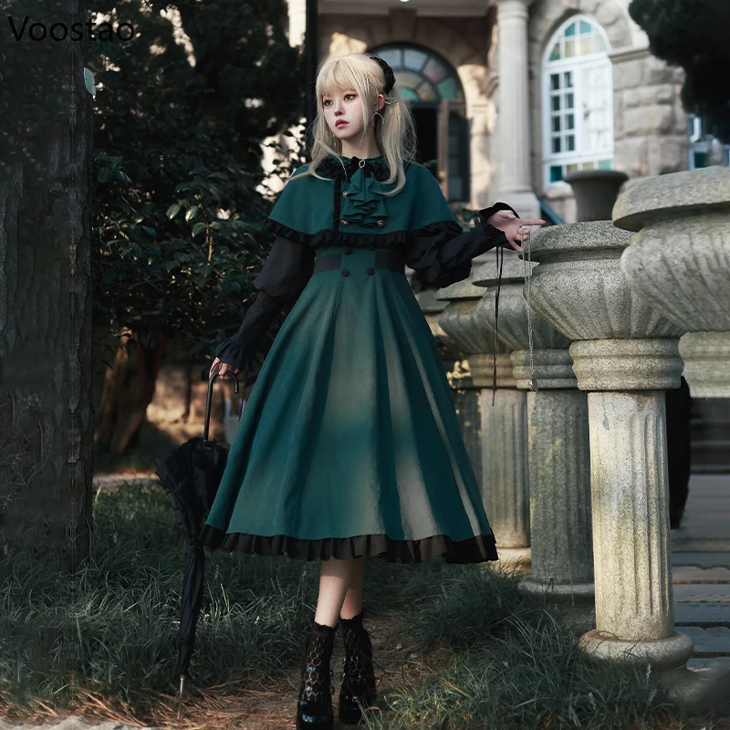 Vintage Lolita OP Dress Women Elegant Gothic Magic School Cloak Long Sleeve Party Dress 2 Piece Set Girls Sweet Halloween Dress