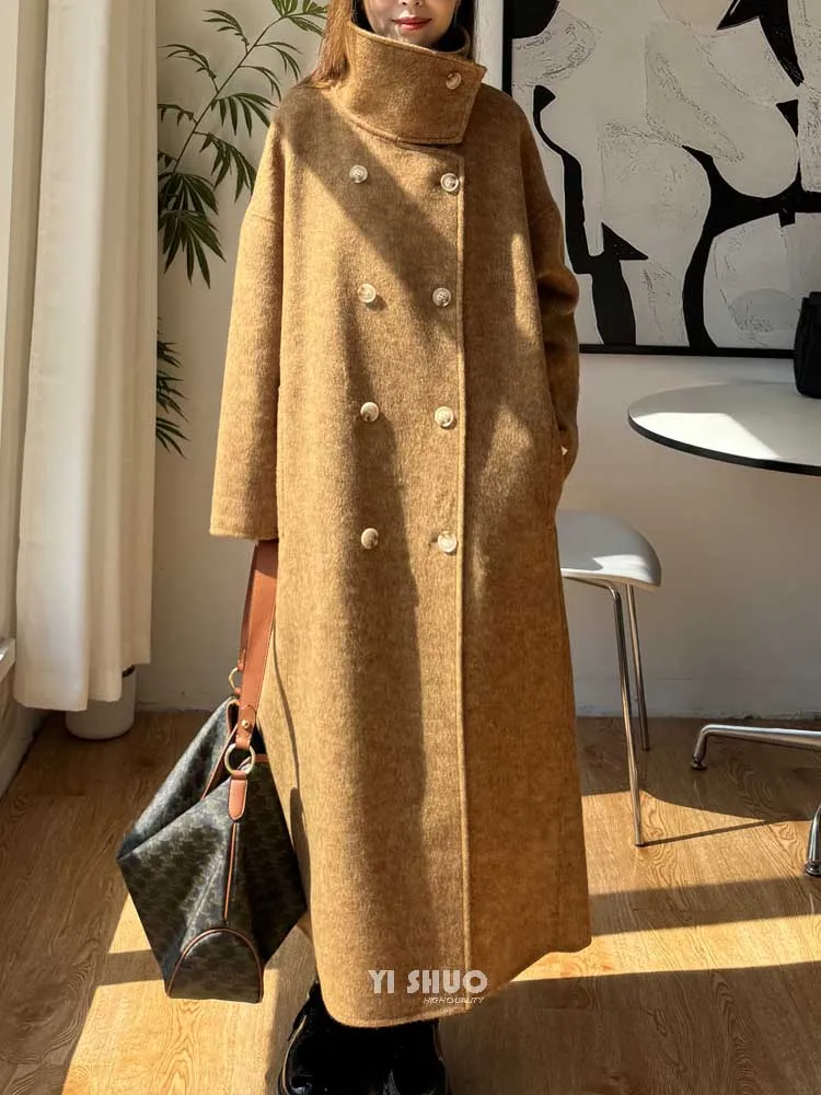 Autumn Winter New Korean High-end Dark Gray Standing Collar Double-sided Wool Coat Casual Long Coffee Woolen Coat for Women