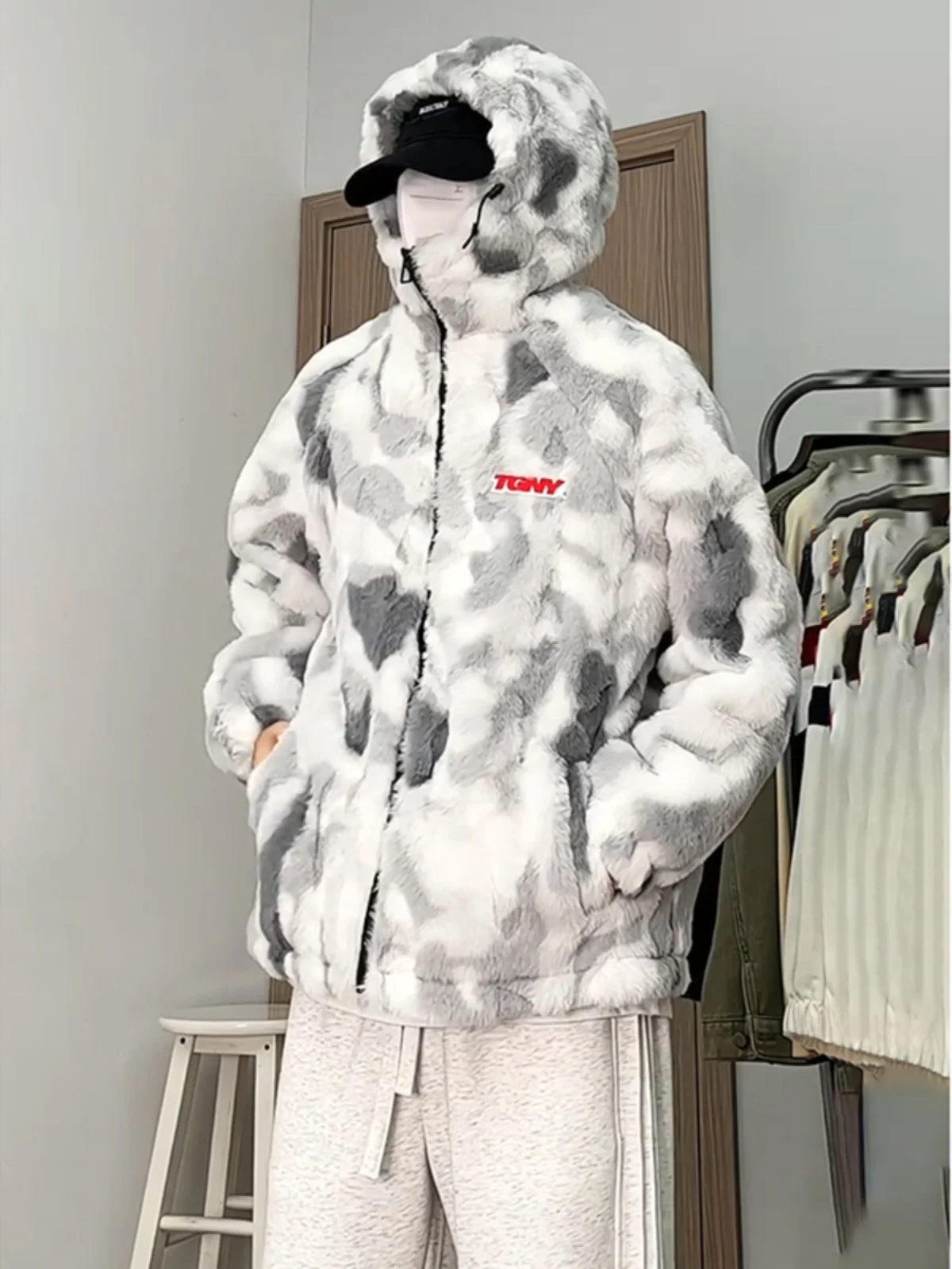 

Мужская утепленная хлопковая куртка American Sle с имитацией меха ягненка, весенне-осеннее пальто с капюшоном из искусственного кроличьего меха, пушистая хлопковая одежда