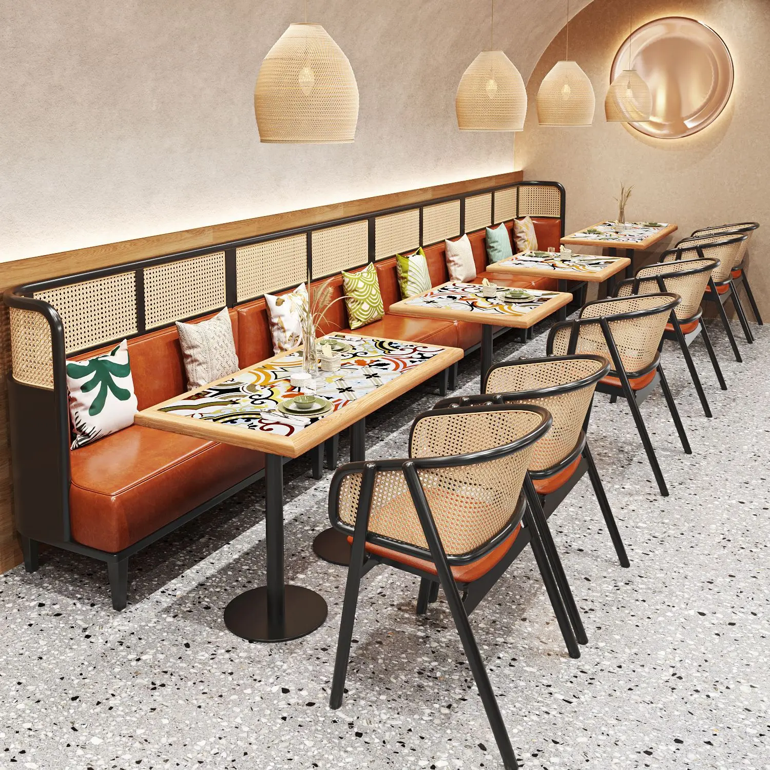 Restaurant Solid Wood Tables and Chairs Booth Woven Rattan Chairs Hotel Coffee Shop Restaurant Furniture Tables and Chairs