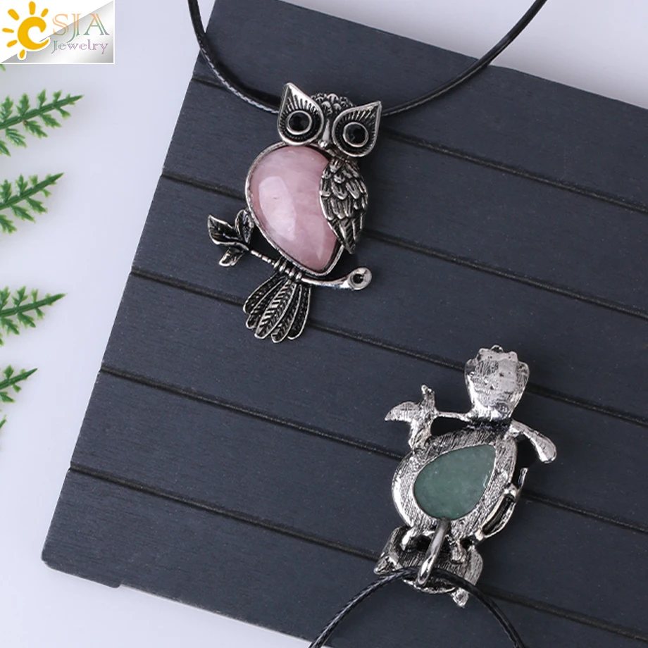 CSJA الحجر الطبيعي قطرة الماء قلادة قلادة للنساء Amult البومة الحيوان شفاء الوردي كريستال الخرزة مجوهرات الرجال القلائد H157