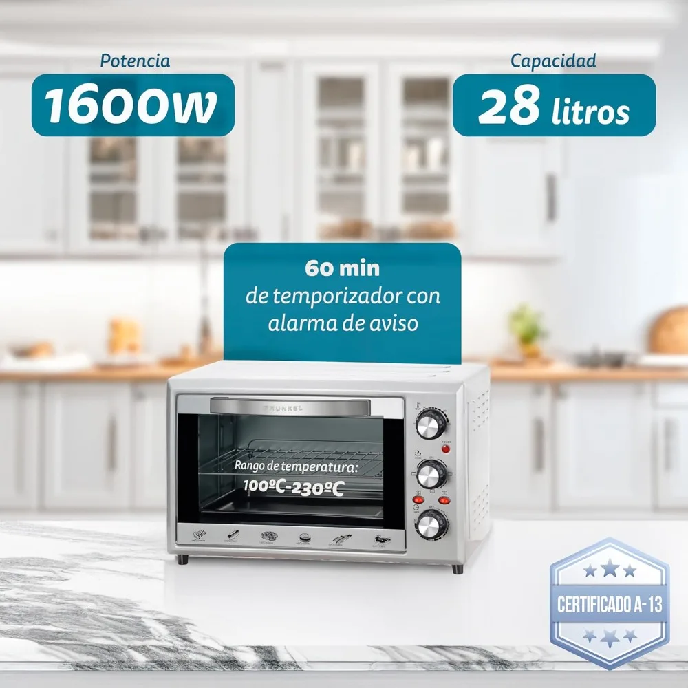 - فرن كهربائي متعدد الوظائف سعة 28 لترًا - ساعة - 28 فضي - مع 3 وظائف للحرارة، محدد درجة الحرارة حتى 230 درجة مئوية ومؤقت 60 درجة مئوية