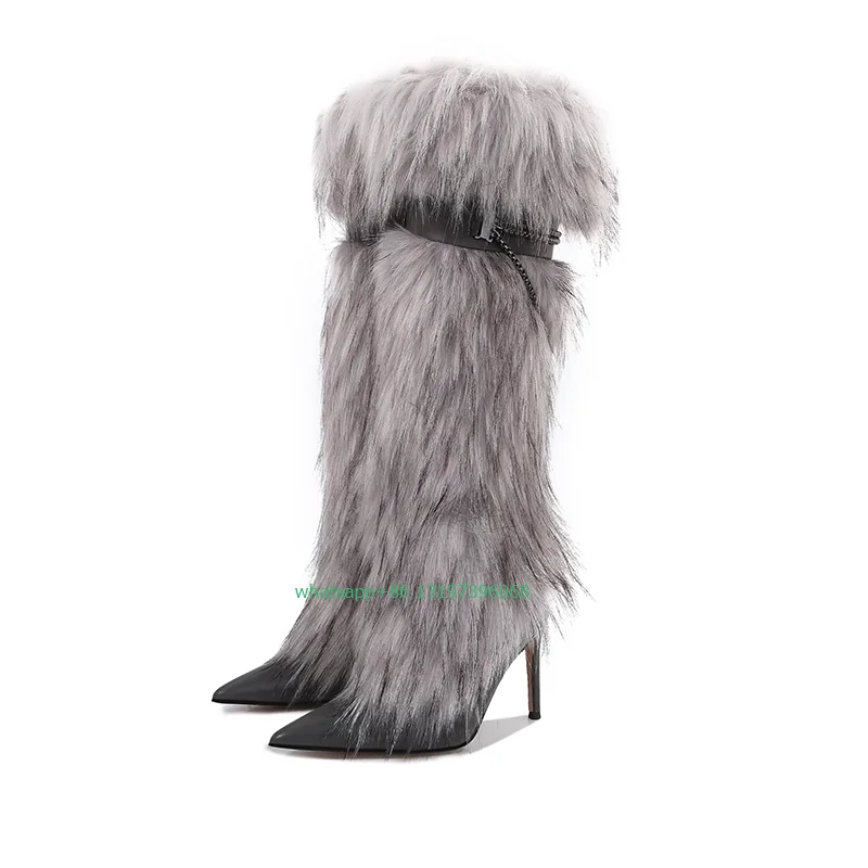 

Lady grey color fur chain design knee boots black feather pointed toe stiletto heel boots meatl chian design boots footwear size