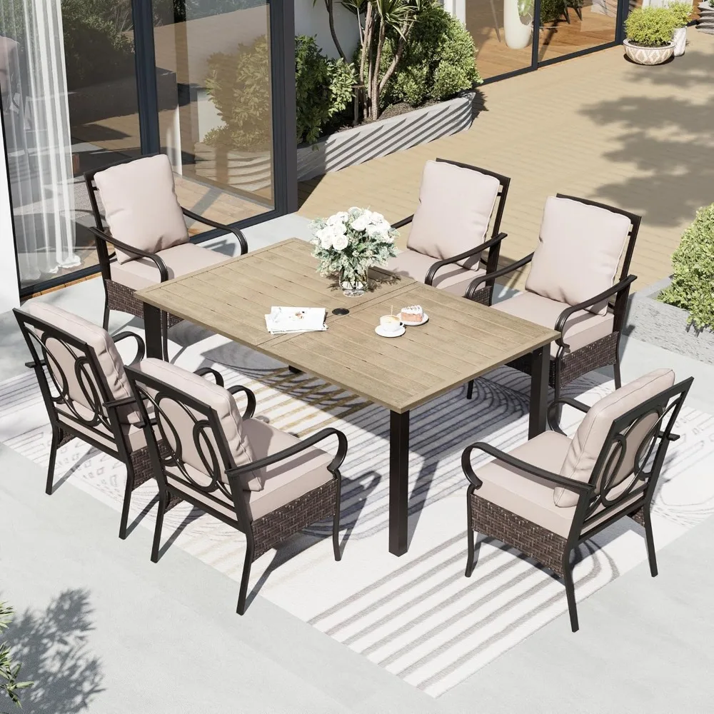 

7 Piece Patio Dining Sets for 6, Outdoor Table and Chairs with Cushioned Wicker Patio Dining Chairs & Wood-Like Dining Table (1.