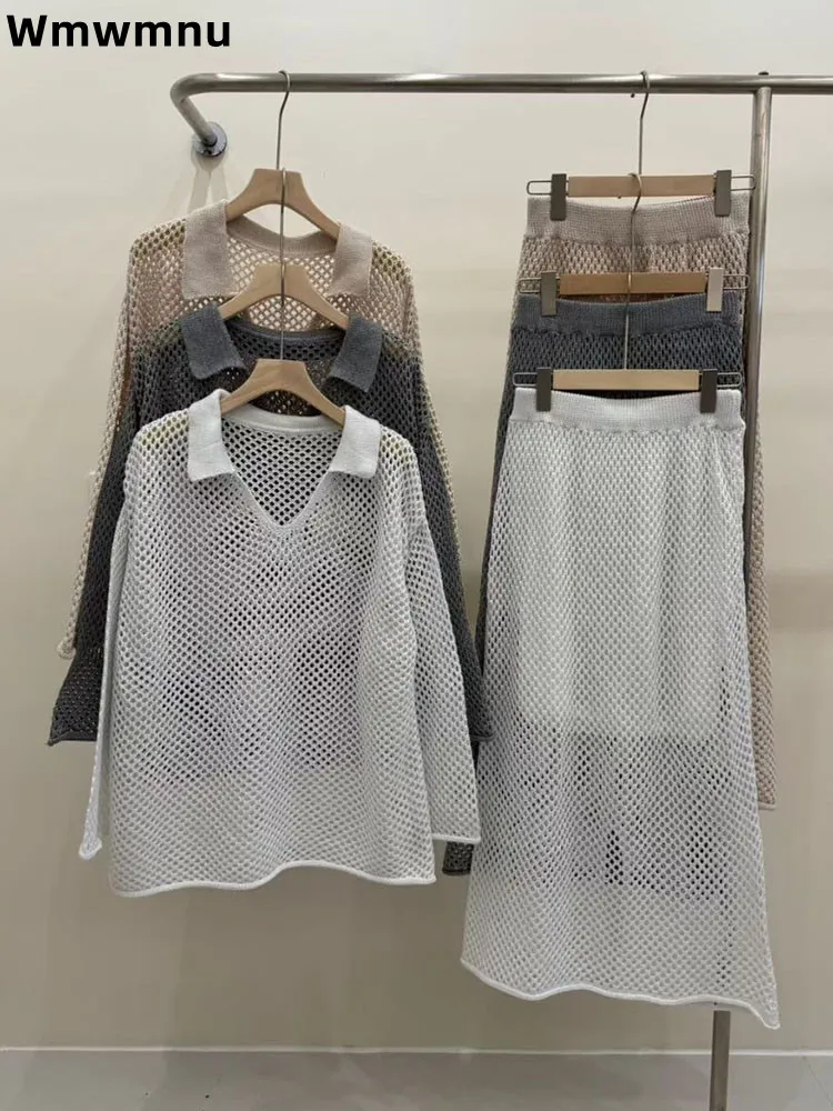 

Hollow V-neck Sweater Knitted Set Ensemble Women's Casual Baggy Korean Fashion Conjuntos Loose Soft Long Sleeved 2 Piece Set