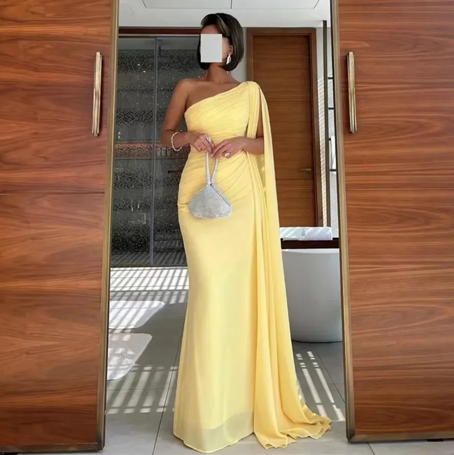 Yellow Chiffon Prom Dresses One Shoulder Flutters Evening Party Gowns Ruched Long Sheath Women Wear for Special Banquet